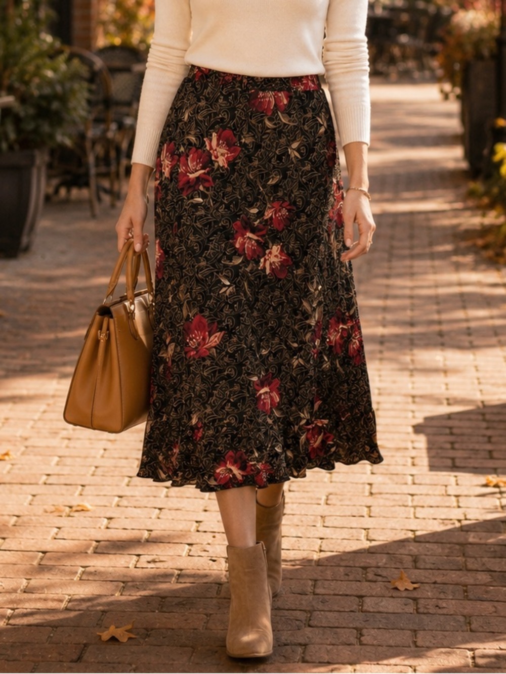 Emma James NWT Floral Midi Skirt Size L Black Red Pull-On Stretch